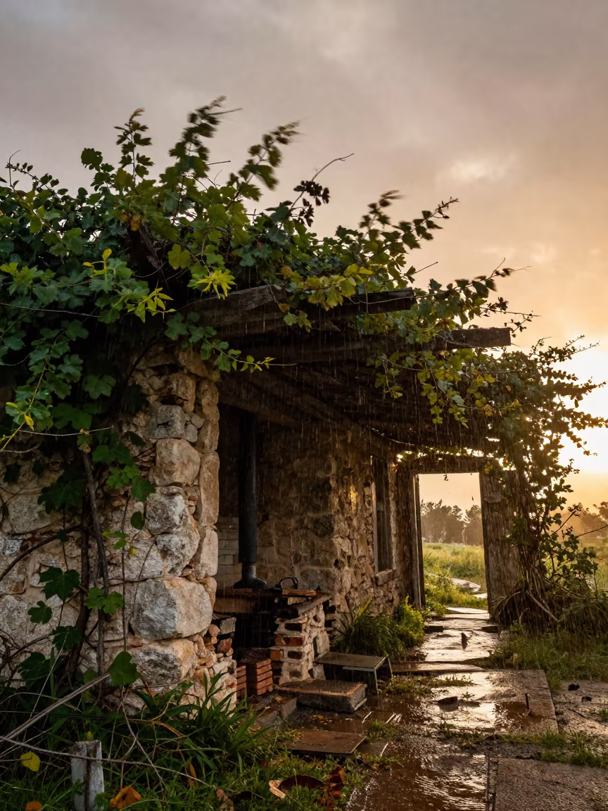 Abandoned Cottage Stone Hearth in Monsoon Rain in along a vine-choked corridor near Maturín