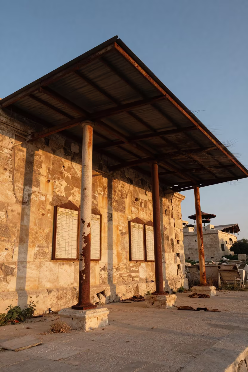 Abandoned Court Canopy in Evening Honeyed Light in through an abandoned ceremonial court in Lebanon