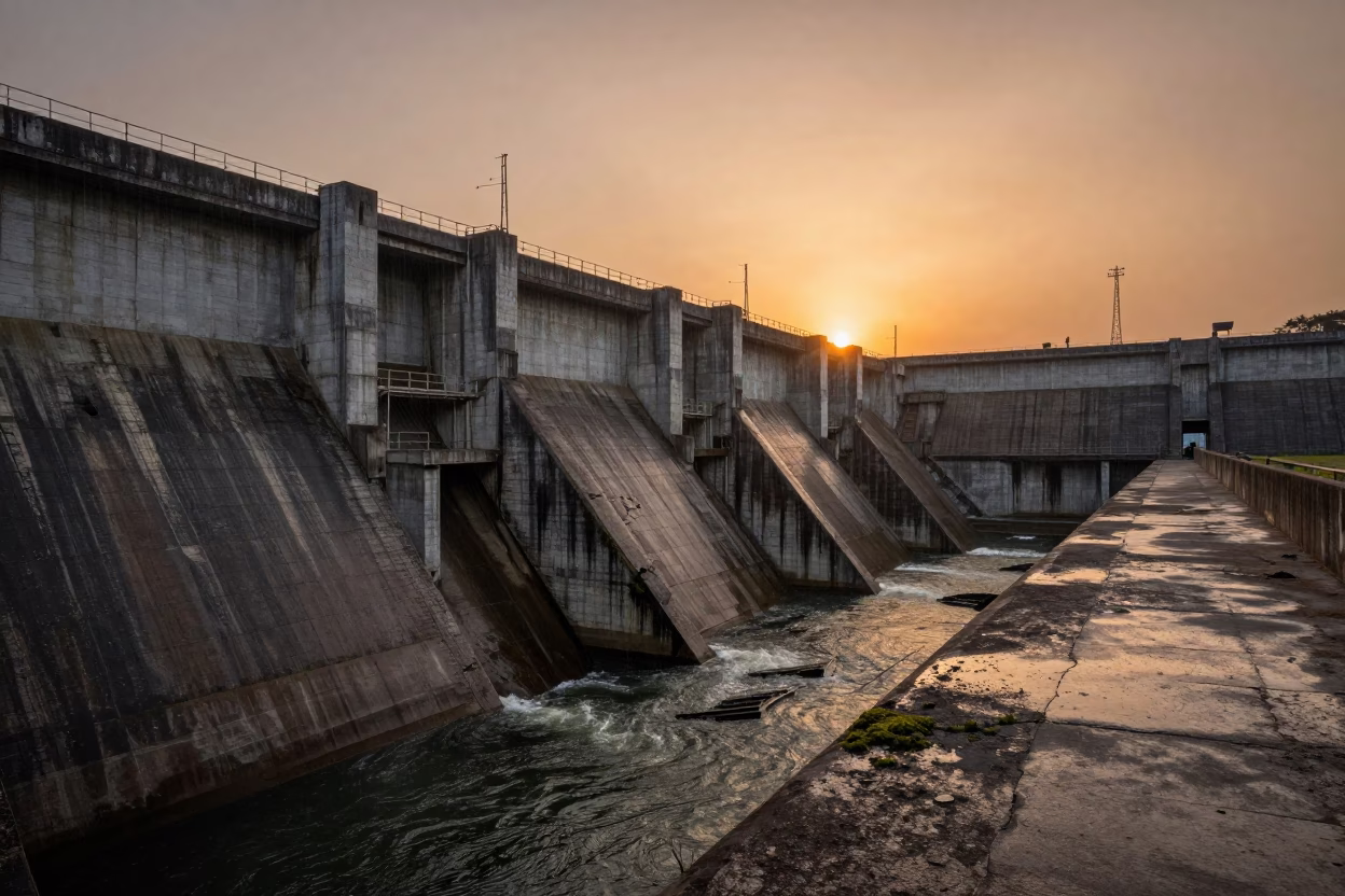 Abandoned Dam Seepage at Sunset in Nicaragua in beside a hydroelectric intake in Nicaragua