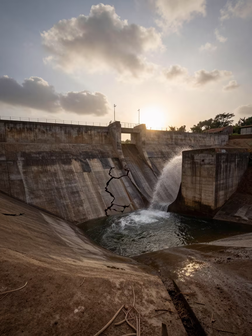 Abandoned Dam Silhouette in Honeyed Evening Light in above a spillway chute with spray rising in Niger