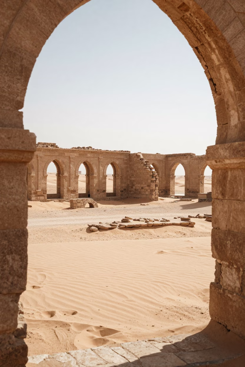 Abandoned Desert Caravanserai Ruins Near Jeddah in among roofless stone chambers near Jeddah