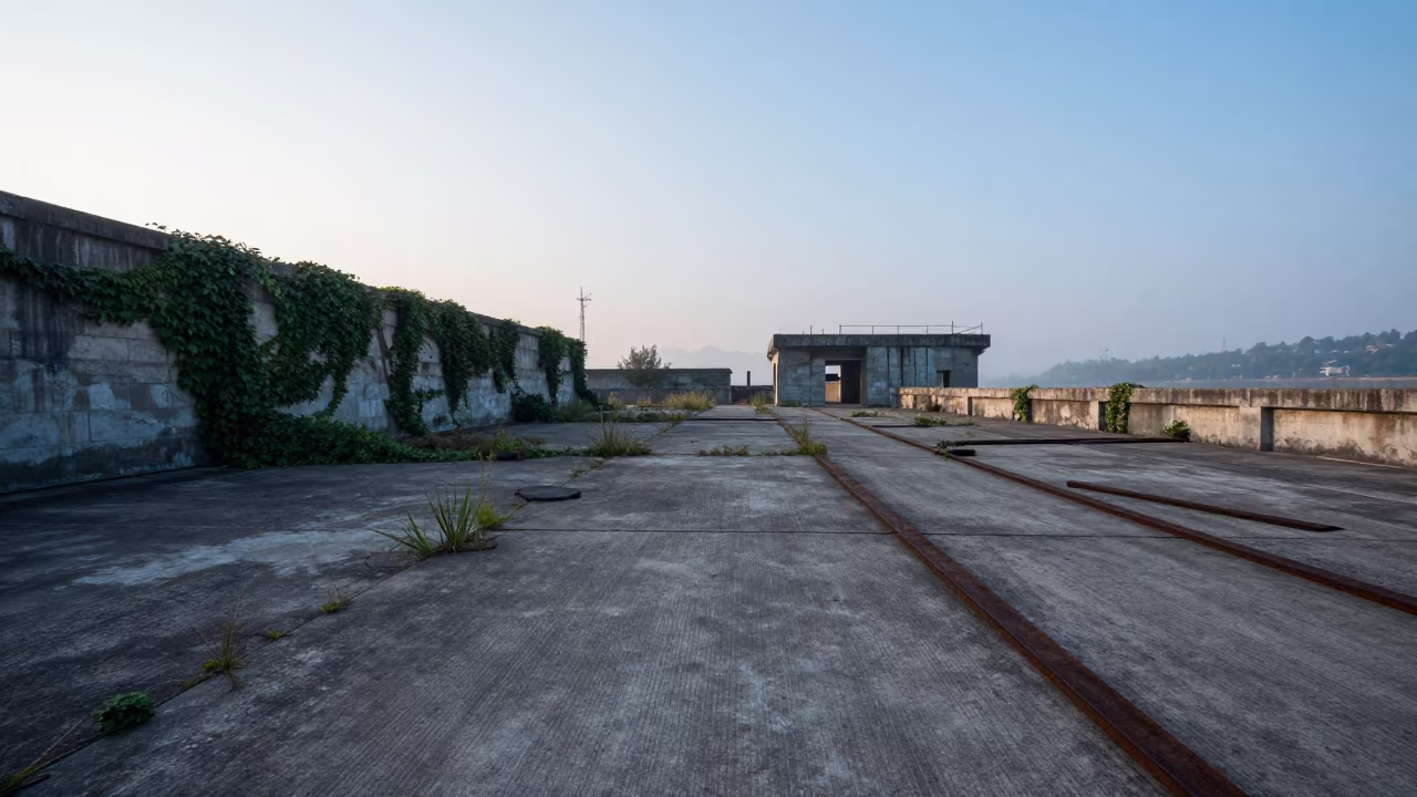 Abandoned Dry Dock Weeds Before Sunrise Chongqing in beside ivy-draped masonry near Chongqing
