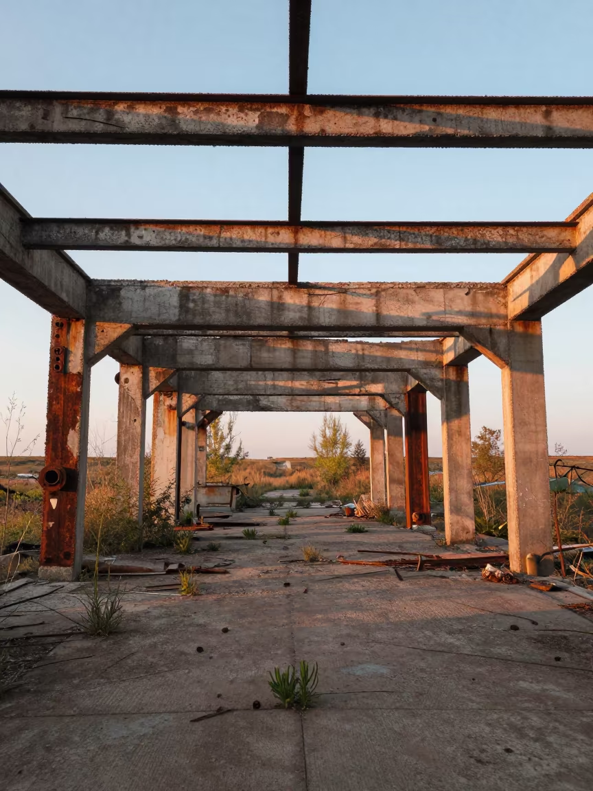 Abandoned Dry Dock Weeds Spring Evening in inside a roofless nave in Kazakhstan