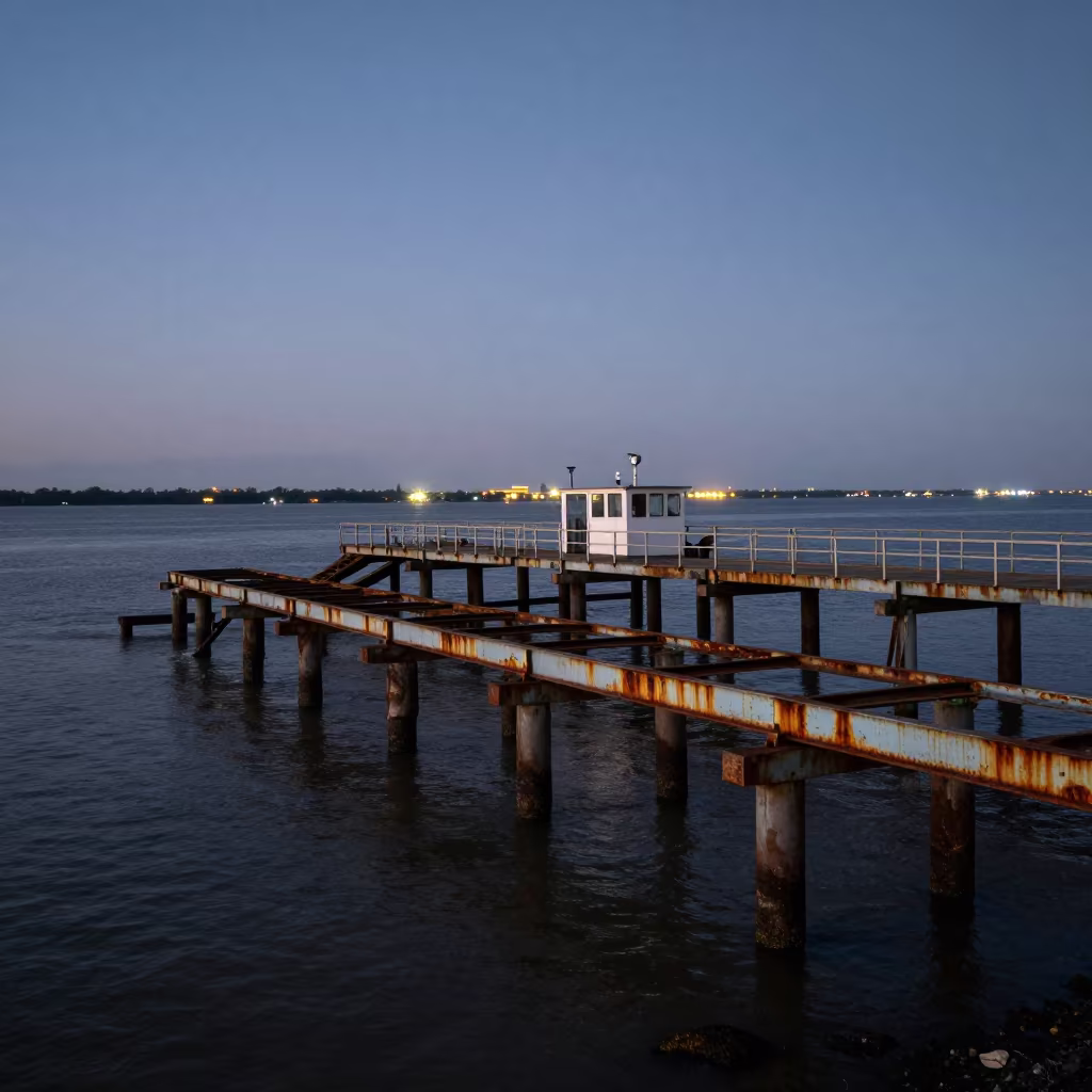 Abandoned Ferry Terminal with Collapsed Gangways in on a wind-open causeway in Mississippi