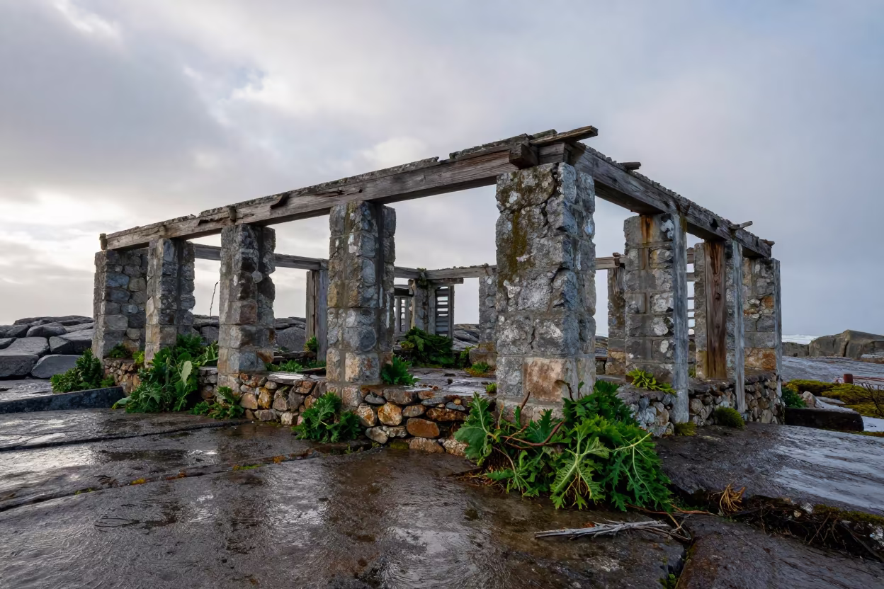 Abandoned Fishing Village Ruins After Rain in among toppled columns and nettles near Muizenberg, Cape Town