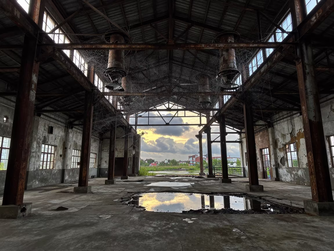 Abandoned Flour Mill with Cobwebbed Grain Chutes in inside a roofless nave near Shanghai