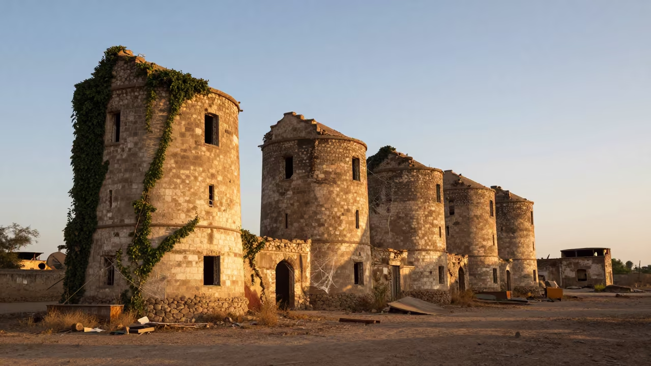 Abandoned Flour Mill at Sunset Near Hargeisa in beside ivy-draped masonry near Hargeisa