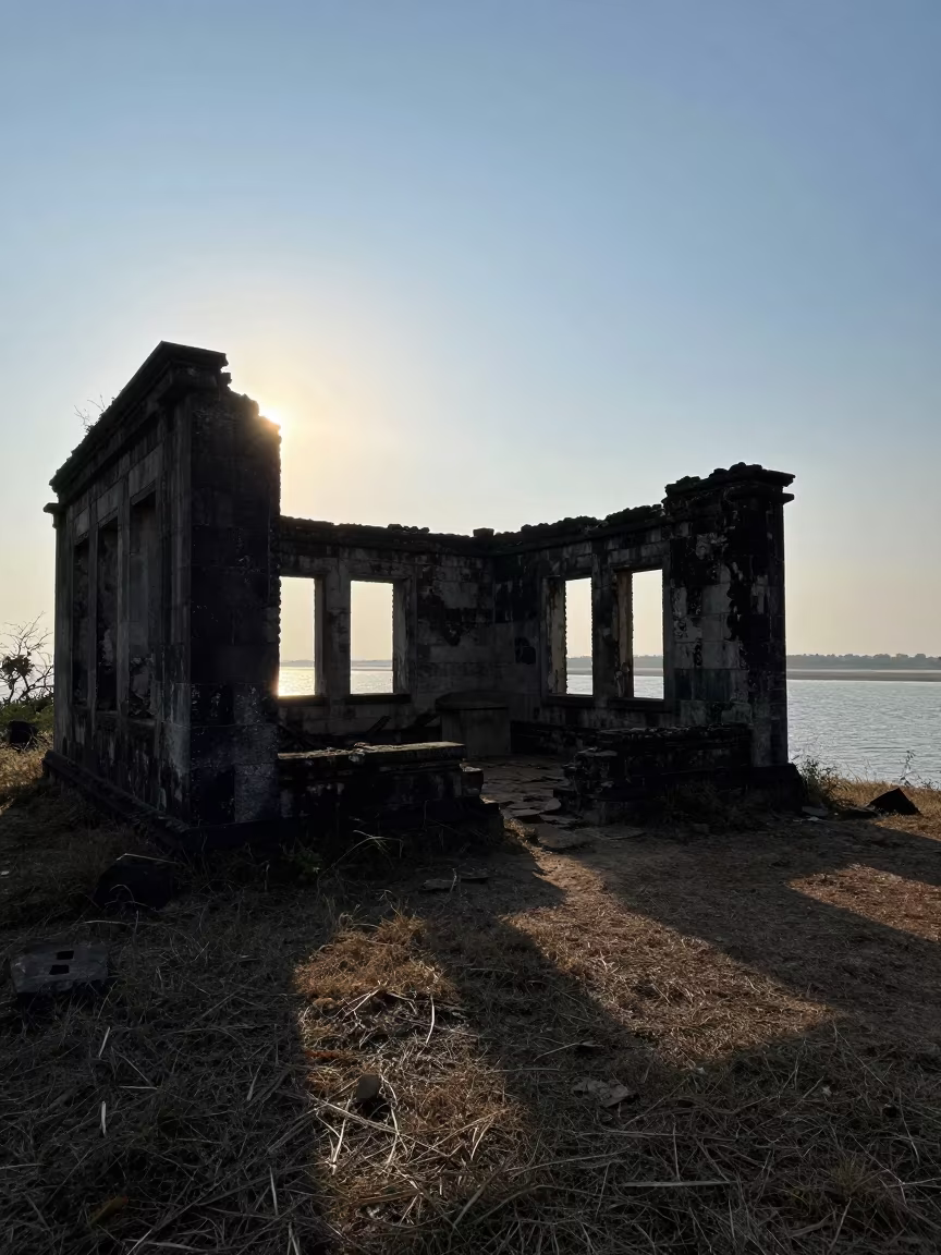 Abandoned Fortress Ruins Above Stormy Estuary in among collapsed cloisters near Chittoor