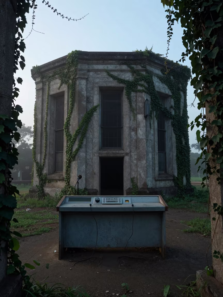 Abandoned Gambian Radio Station in Misty Dawn in beside ivy-draped masonry in Gambia