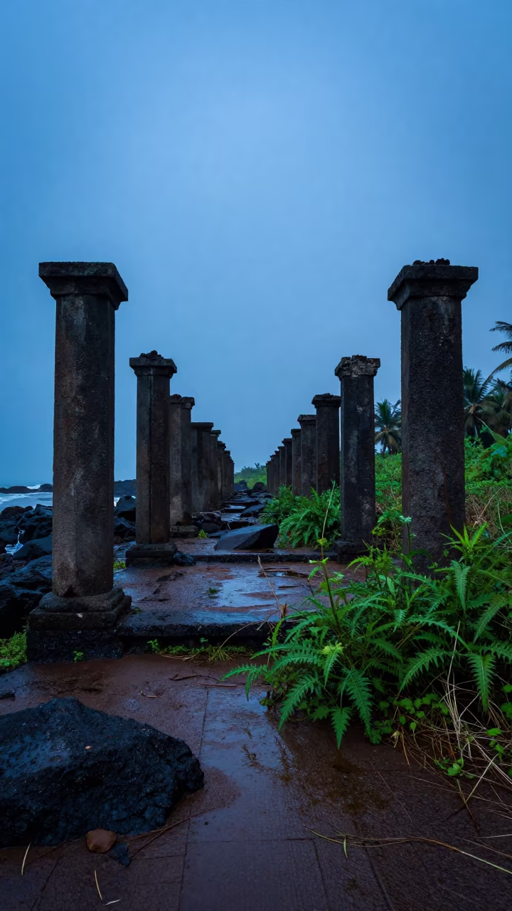 Abandoned Goa Fishing Village Ruins at Blue Hour in among toppled columns and nettles in Goa