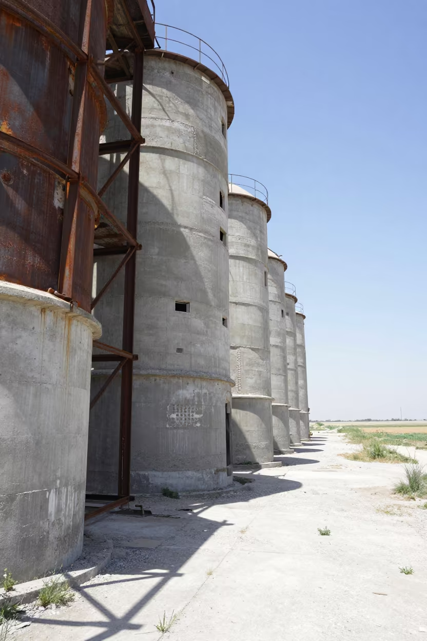Abandoned Grain Silo Beside Exposed Steel in Syria in beside exposed structural steel in Syria