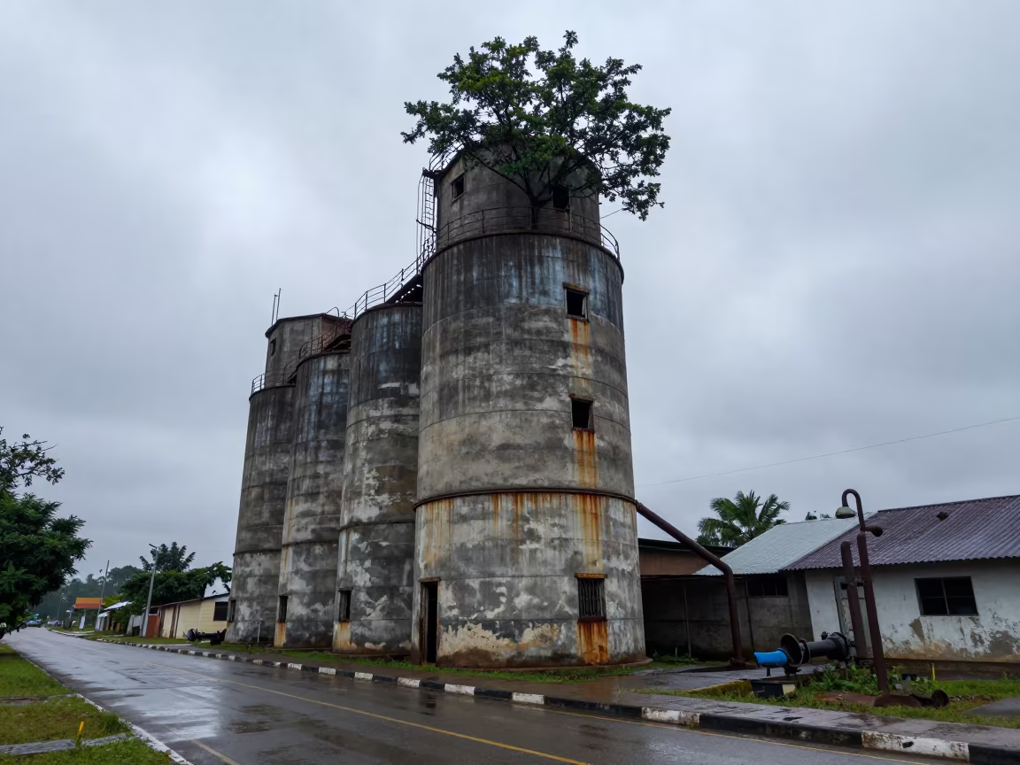 Abandoned Grain Silo Tree Wet Season Dawn in along a service road lined with pipes near Tegucigalpa