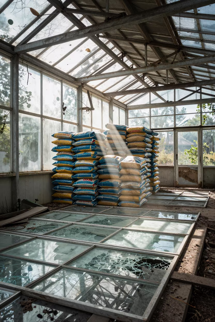 Abandoned Greenhouse Amid Seed Bags in Bosnia Shed in inside a machine shed with seed bags stacked high in Bosnia and Herzegovina
