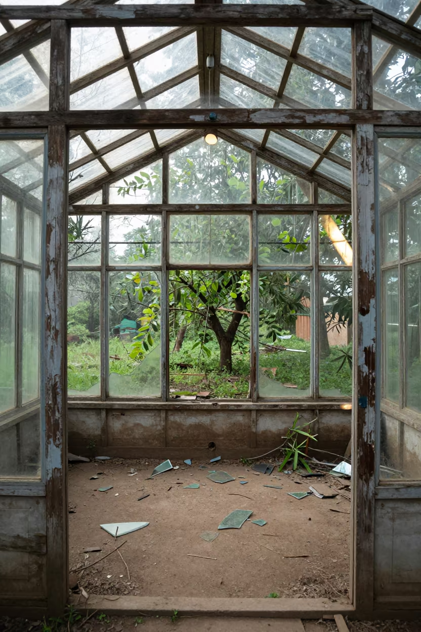 Abandoned Greenhouse Glass Shattered by Hail in inside a village olive press near Dhaka
