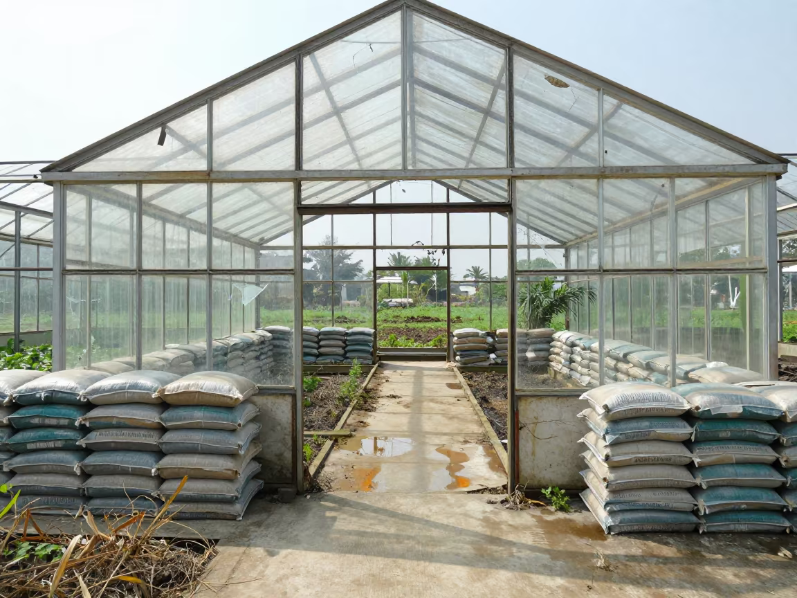 Abandoned Greenhouse Inside Seed Storage Shed in inside a machine shed with seed bags stacked high in Thu Thiem, Ho Chi Minh City