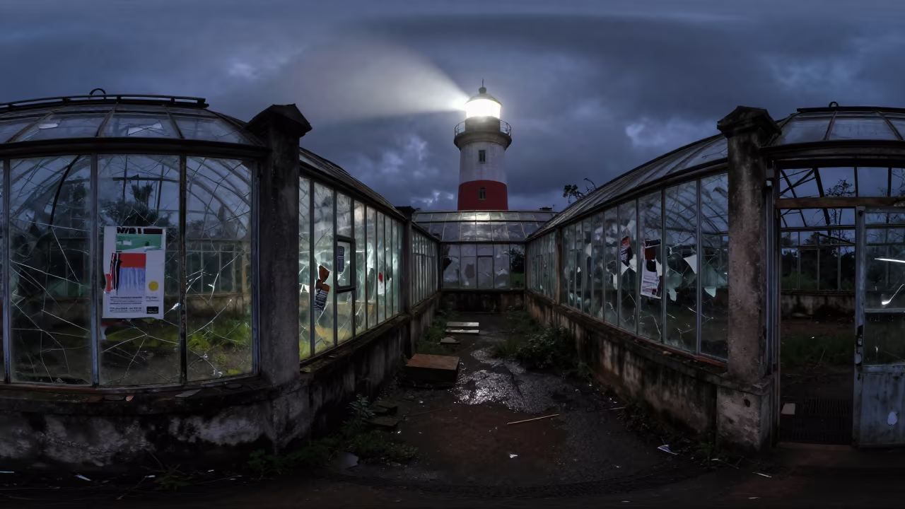 Abandoned Greenhouse Moonlit Ruin Benguela in among collapsed cloisters near Benguela