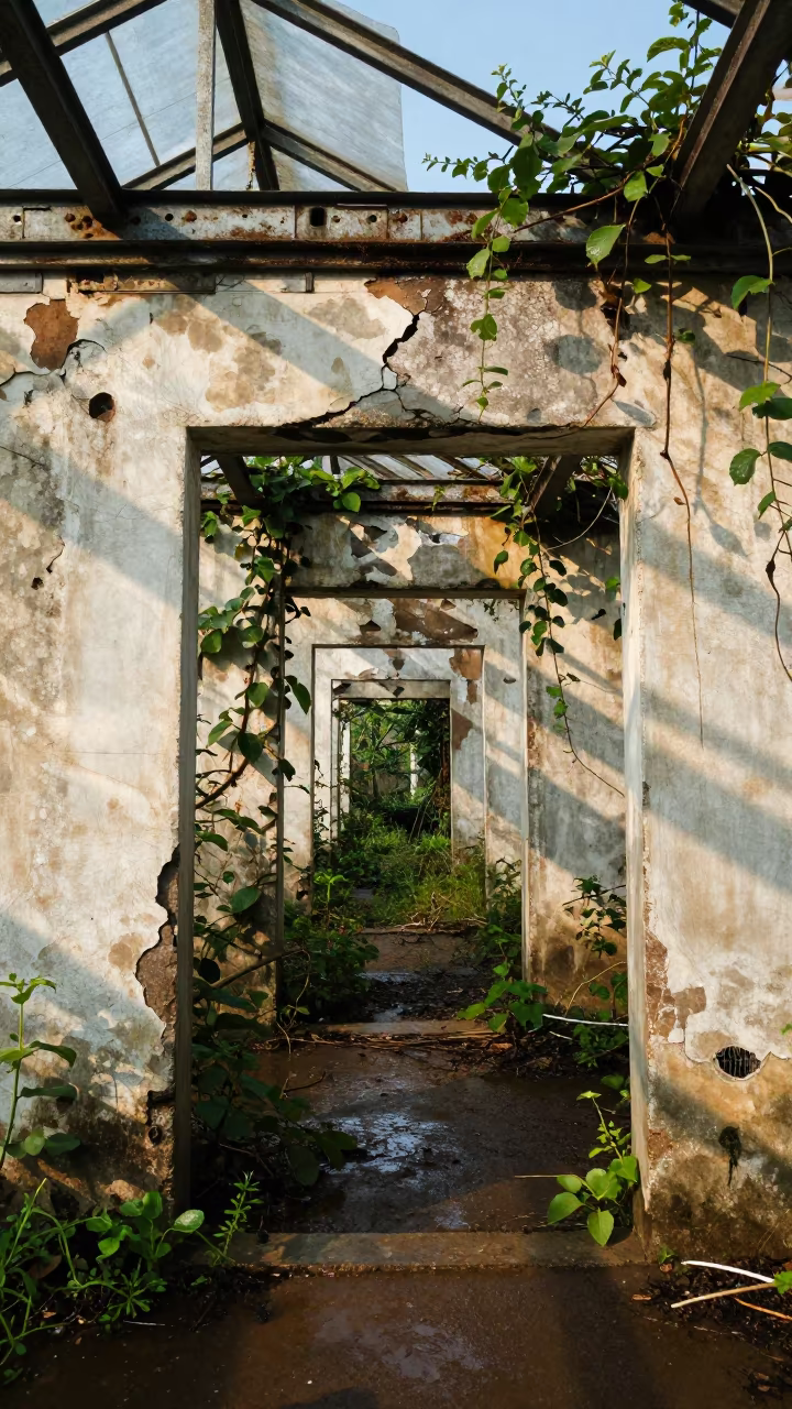 Abandoned Greenhouse Ruin in Cambodia in along a vine-choked corridor in Cambodia