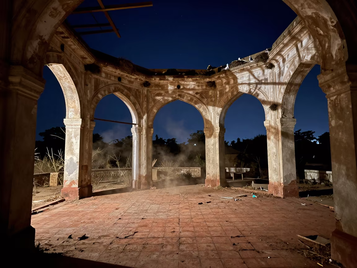 Abandoned Hammam Ruin Under Starlight in inside a roofless hammam near Tiruchirappalli