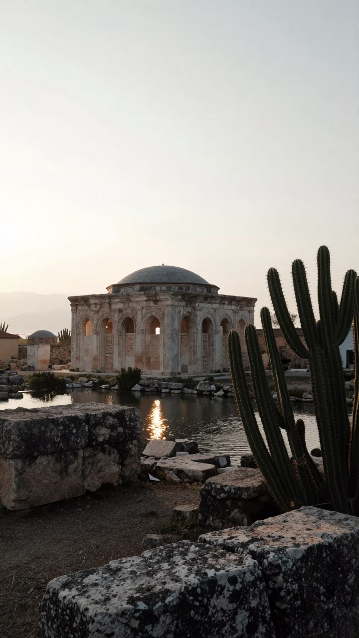 Abandoned Hammam Ruins Reclaimed by Cactus in inside a roofless hammam near Kuşadası