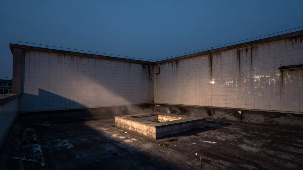 Abandoned Hammam Station in Shanghai Twilight in inside a roofless hammam near Jing'an, Shanghai