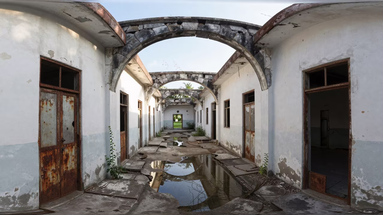 Abandoned Hospital Corridor Under Stone Arch Lombok in beneath a broken stone arch near Lombok