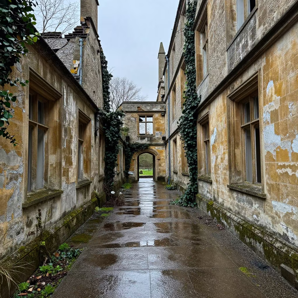 Abandoned Hospital Corridors in Cotswold Ruins in among collapsed cloisters in the Cotswolds