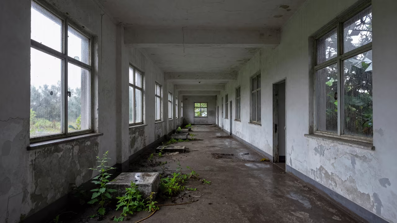 Abandoned Hospital Corridors in Monsoon Night in among toppled columns and nettles near Mexico City