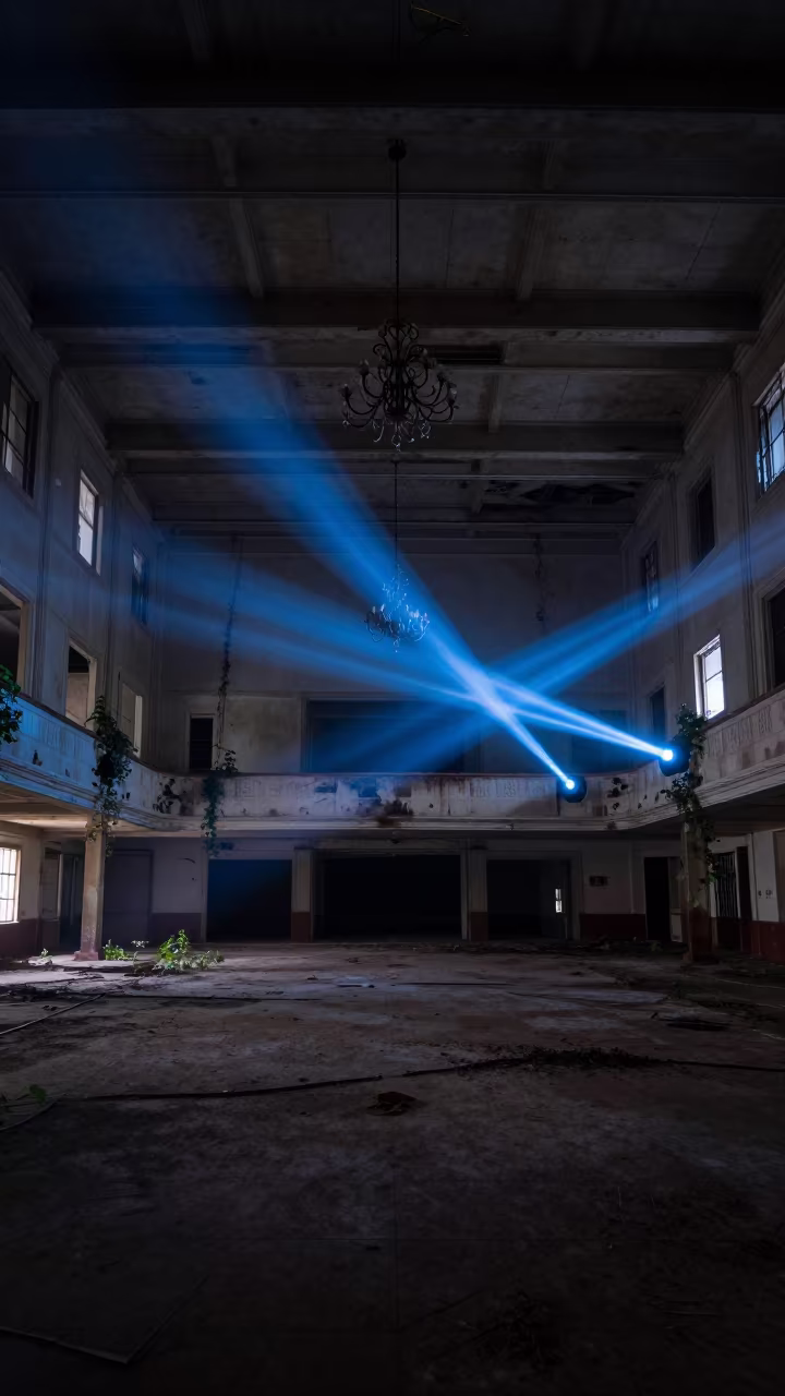 Abandoned Hotel Ballroom Dust and Light in inside a collapsed lobby under broken plaster in Midtown, Detroit