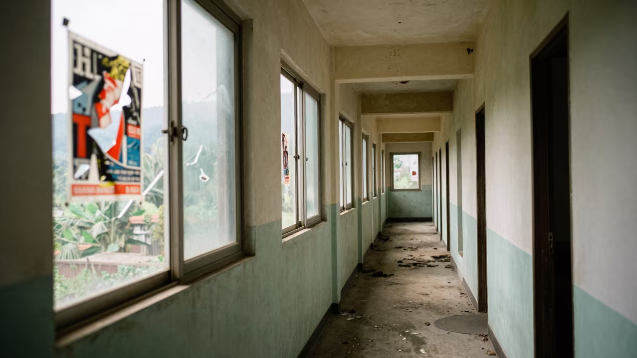 Abandoned Hotel Corridor in Nagaland in along a ward corridor with broken glass and falling plaster in Nagaland