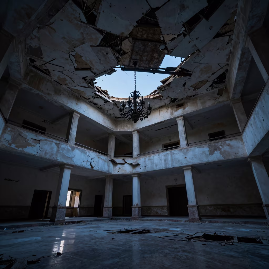 Abandoned Hotel Lobby Chandelier Algeria in inside a collapsed lobby under broken plaster in Algeria