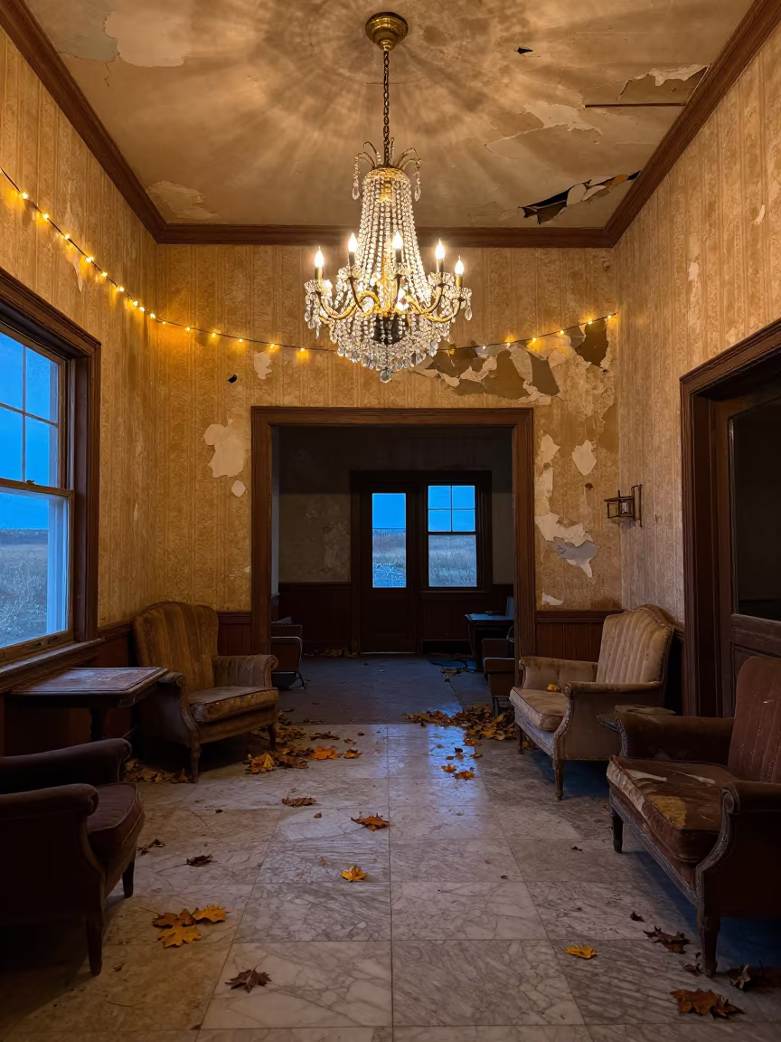Abandoned Hotel Lobby with Tilted Chandelier in inside a collapsed lobby under broken plaster in North Dakota
