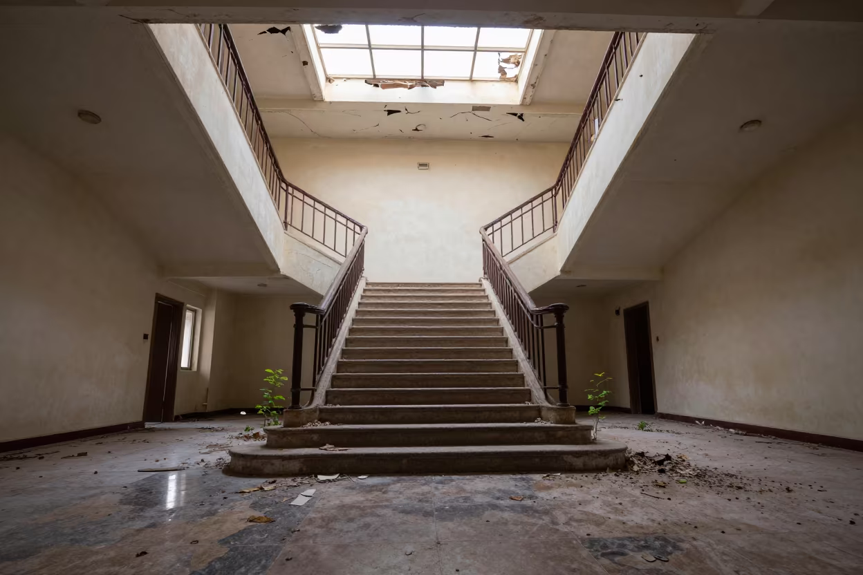 Abandoned Hotel Staircase Velvet Carpet Ruins in inside a collapsed lobby under broken plaster in Maseru