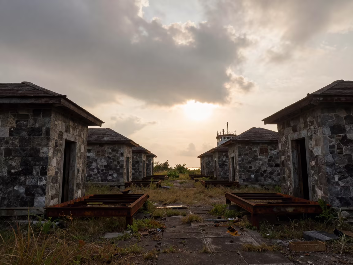 Abandoned Java Whaling Station Rusting Platforms in among roofless stone chambers in Java