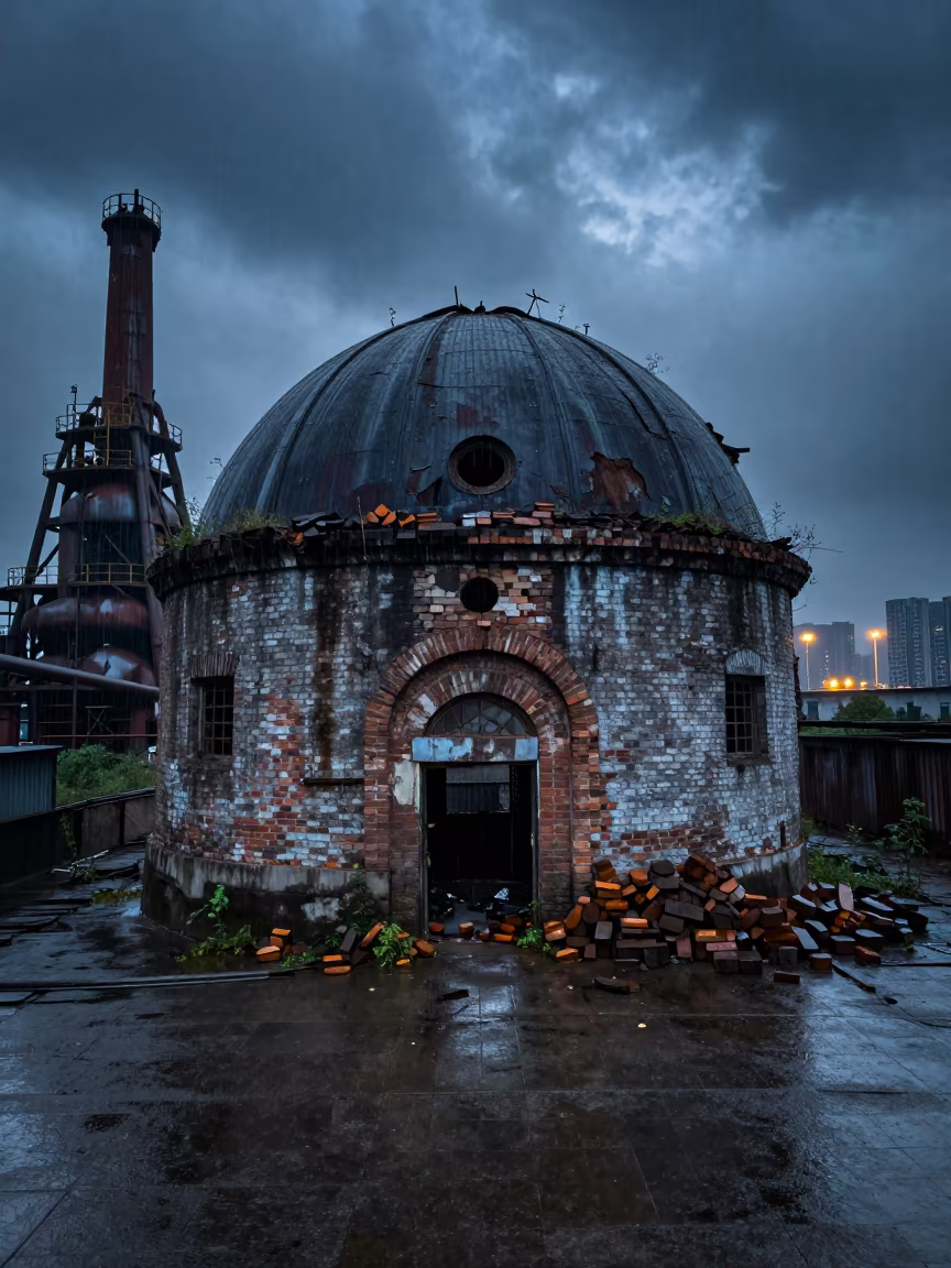 Abandoned Kiln Dome Collapsed Beside Blast Furnace in beside a blast furnace near Wuhan