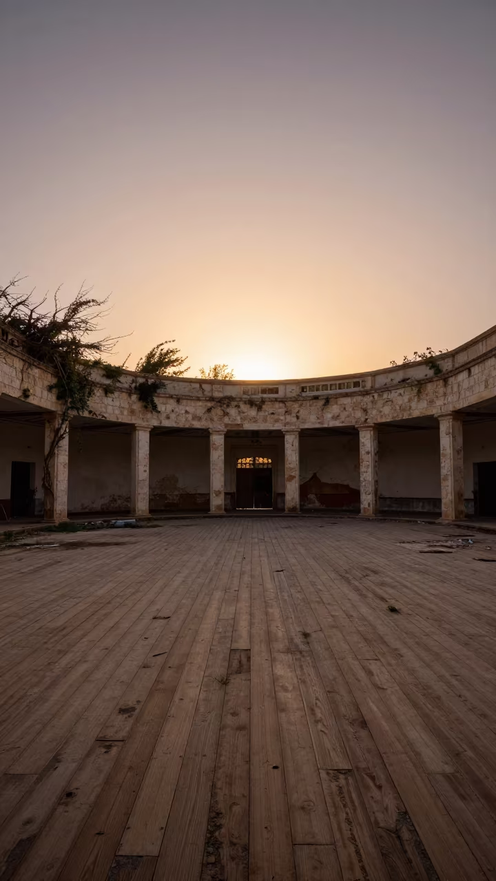 Abandoned Libyan Dance Hall Sunset Ruin in along a vine-choked corridor in Libya