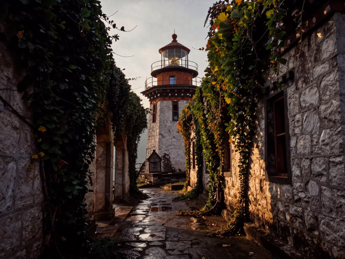 Abandoned Lighthouse Lens in Bhutan Autumn in along a vine-choked corridor in Bhutan
