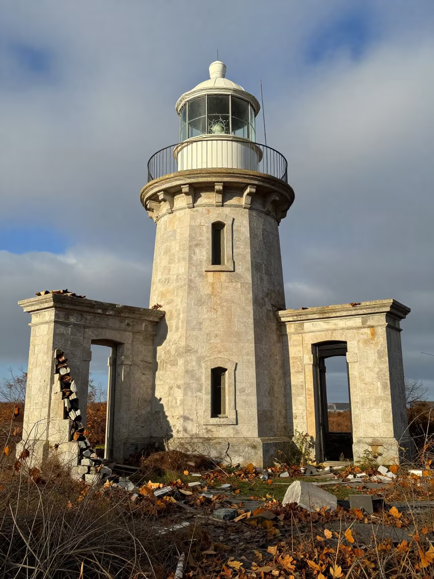 Abandoned Lighthouse Lens Ruin Autumn in among collapsed cloisters near Shiraz
