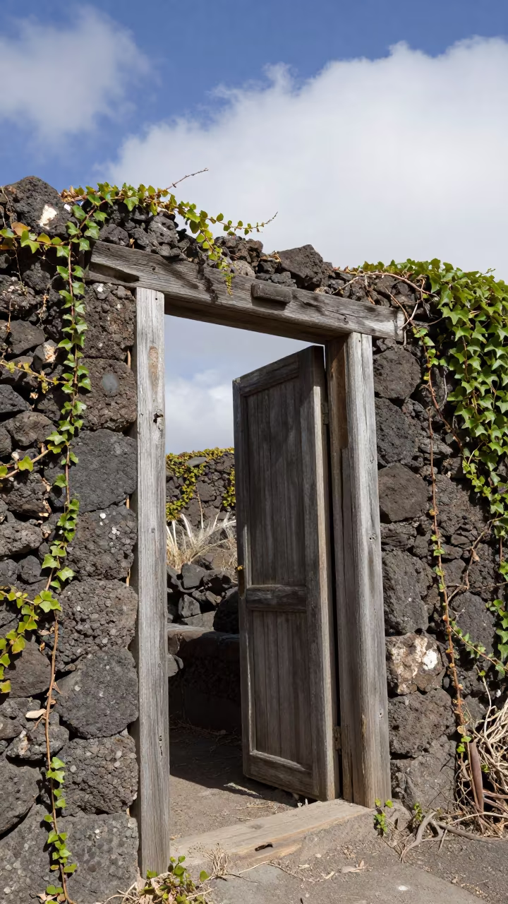 Abandoned Log Cabin Door Frame Ruin in beside ivy-draped masonry in the Canary Islands