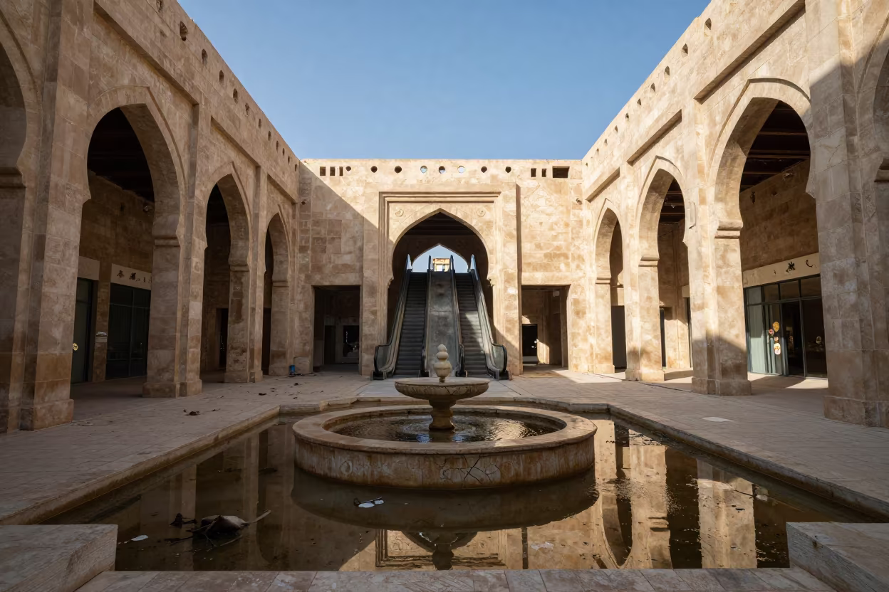 Abandoned Mall Hammam Ruin Late Afternoon in inside a roofless hammam in Saudi Arabia