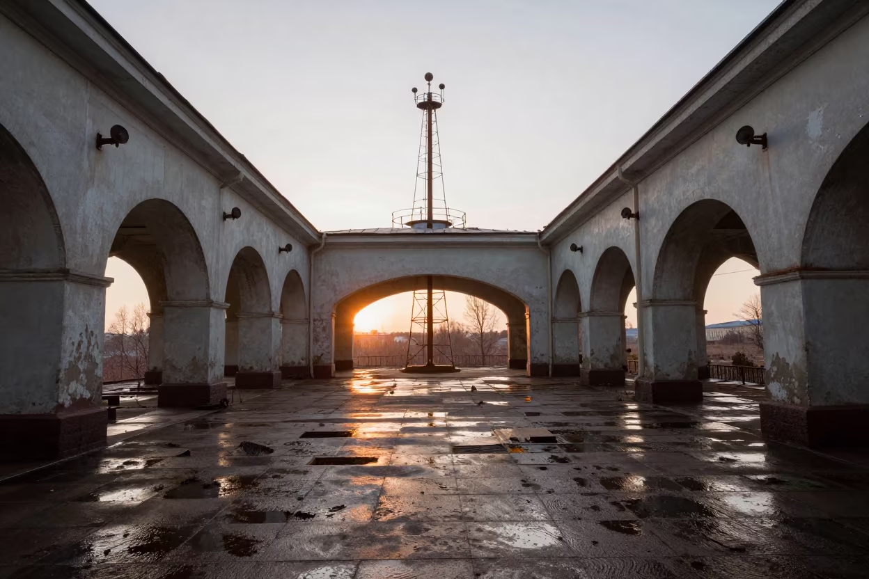 Abandoned Meteorological Station Roofless Nave Dawn in inside a roofless nave near St Petersburg