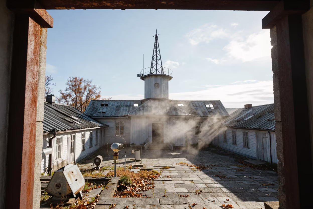 Abandoned Meteorological Station Ruin Late Autumn in through an abandoned ceremonial court near Stavanger