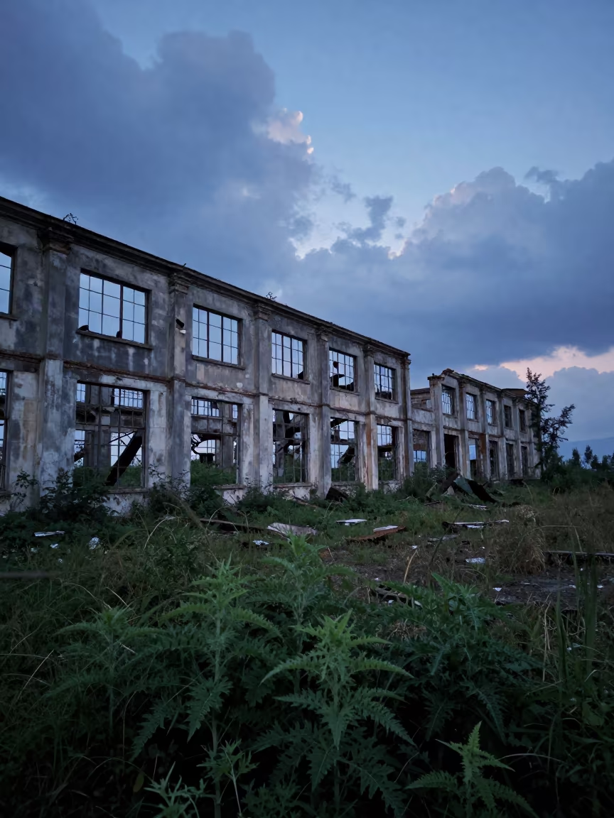 Abandoned Mill Ruins in Indigo Twilight Near Petah Tikva in among toppled columns and nettles near Petah Tikva