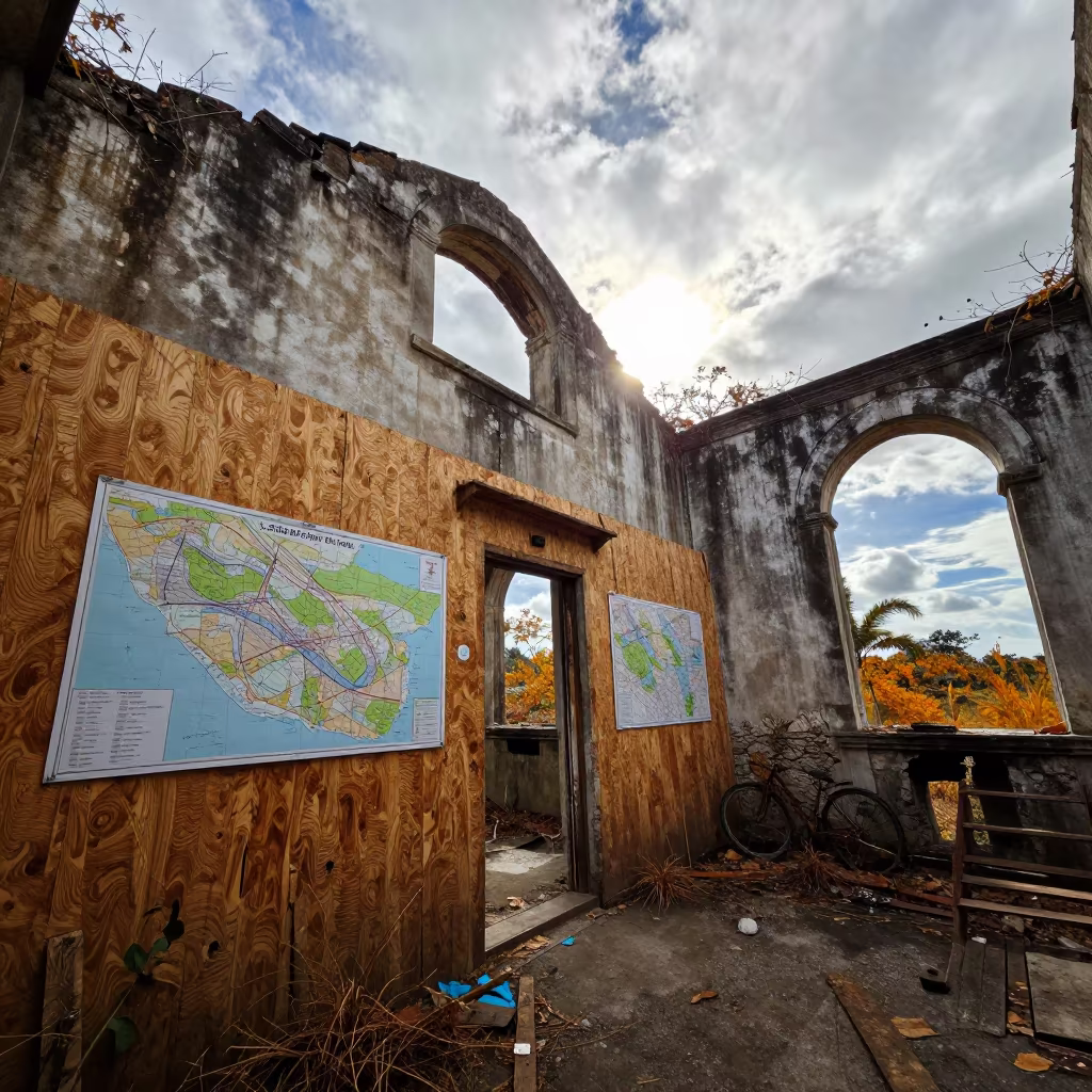 Abandoned Mine Office Maps in Jamaican Ruins in among collapsed cloisters in Jamaica