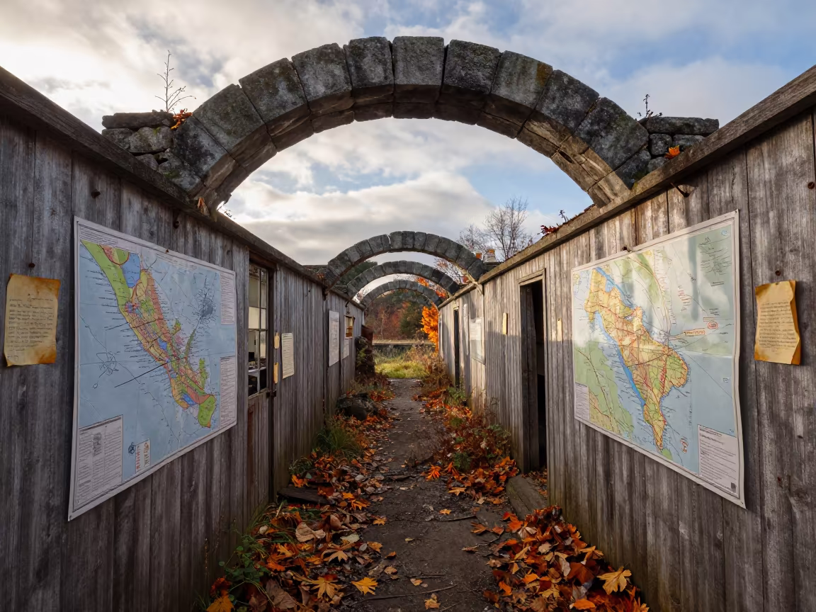 Abandoned Mine Office Maps Under Stone Arch Denmark Autumn in beneath a broken stone arch in Denmark