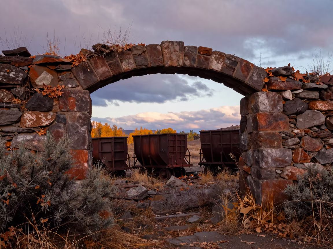 Abandoned Mine Ruin with Carts in Idaho in beneath a broken stone arch in Idaho