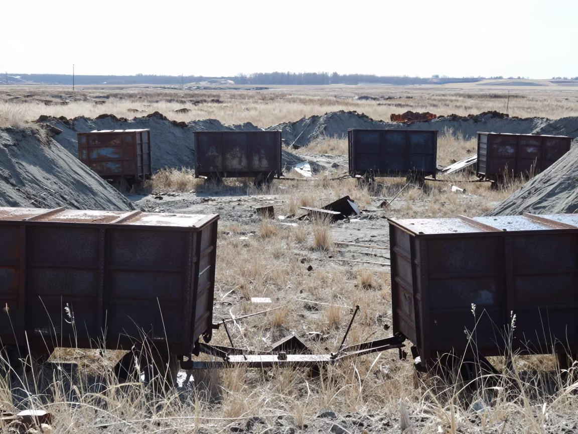 Abandoned Mining Ruin with Buried Carts in through a courtyard reclaimed by grasses in Nebraska