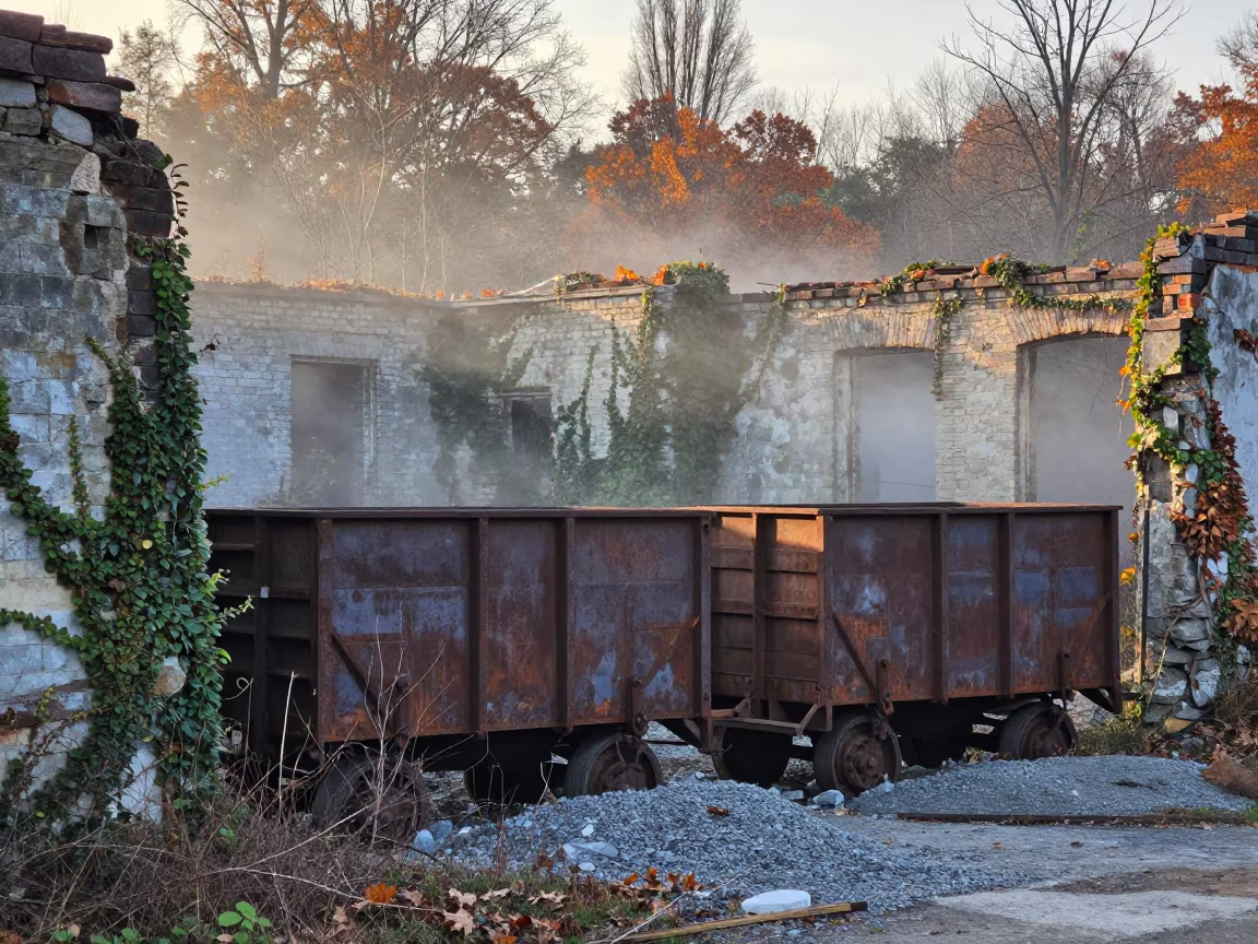 Abandoned Mining Ruin with Ore Carts in Autumn Mist in beside ivy-draped masonry near Mirpur