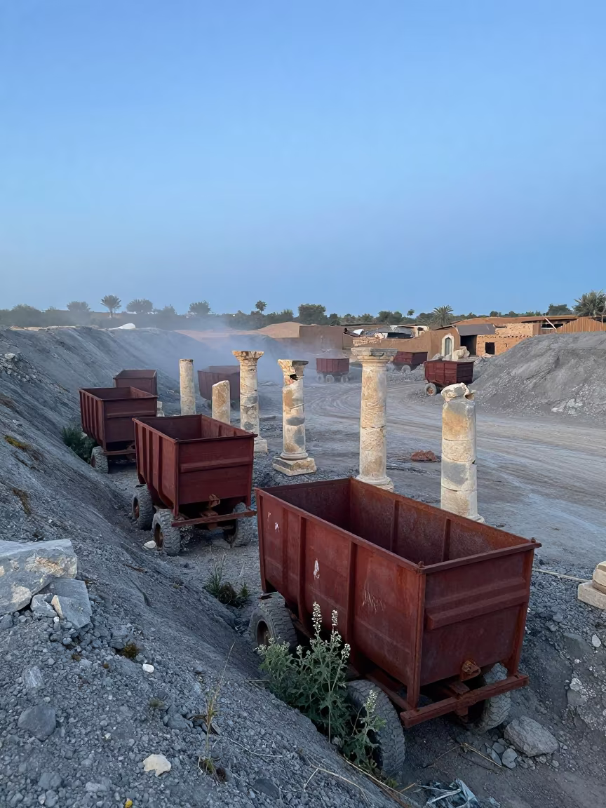 Abandoned Mining Ruin Ore Carts in Foggy Evening in among toppled columns and nettles near Nouakchott