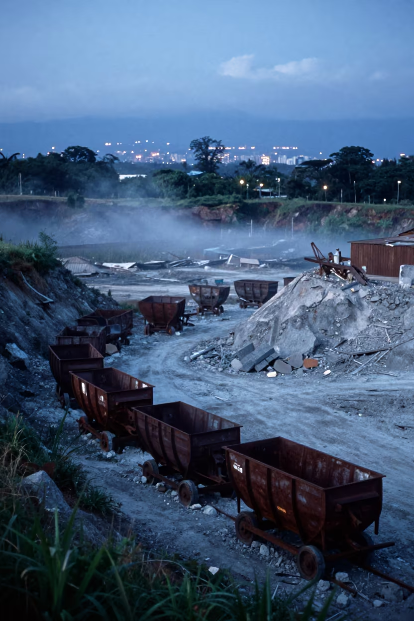 Abandoned Mining Ruin Ore Carts in Foggy Twilight in near San Jose Costa Rica