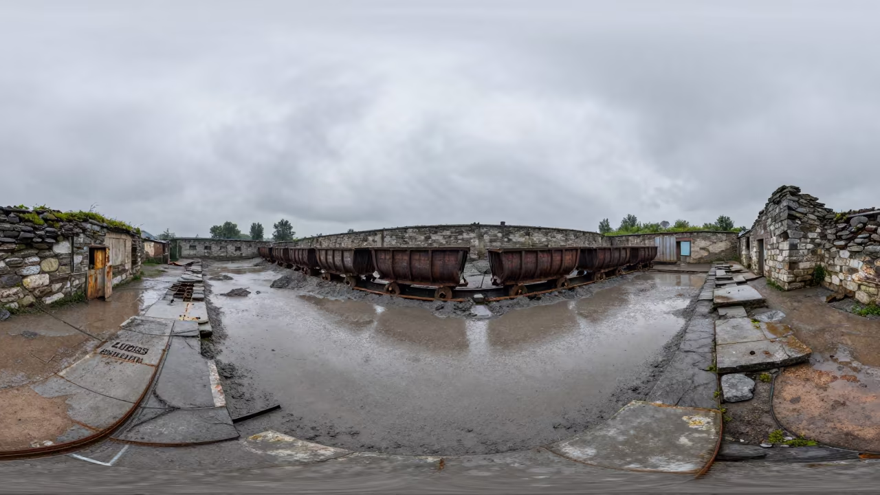 Abandoned Mining Ruin with Ore Carts in Polish Nave in inside a roofless nave in Poland